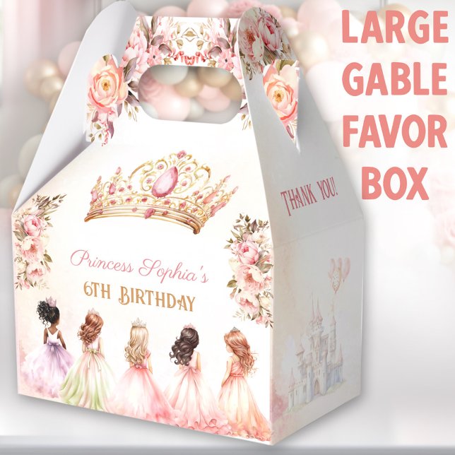 Caja Para Regalos Princess Crown Oro Rosa Floral Cumpleaños Grande (Princess large gable favor boxes. You can choose from 3 sizes of these gable favor boxes.)