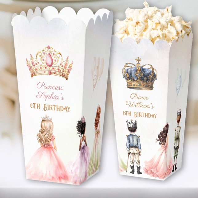 Caja Para Regalos Príncipe Heredero Gemelos Popcorn de cumpleaños (Princess Prince Crown Twins Royal Birthday Popcorn Favor Boxes)