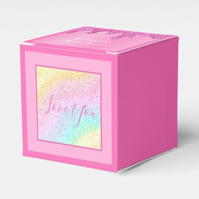 Caja Para Regalos Purpurina arcoiris rosa personalizado te amo regal (Costado Anverso)