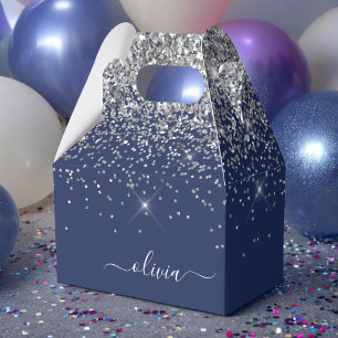 Caja Para Regalos Purpurina azul de la Marina Plata Monograma Girly