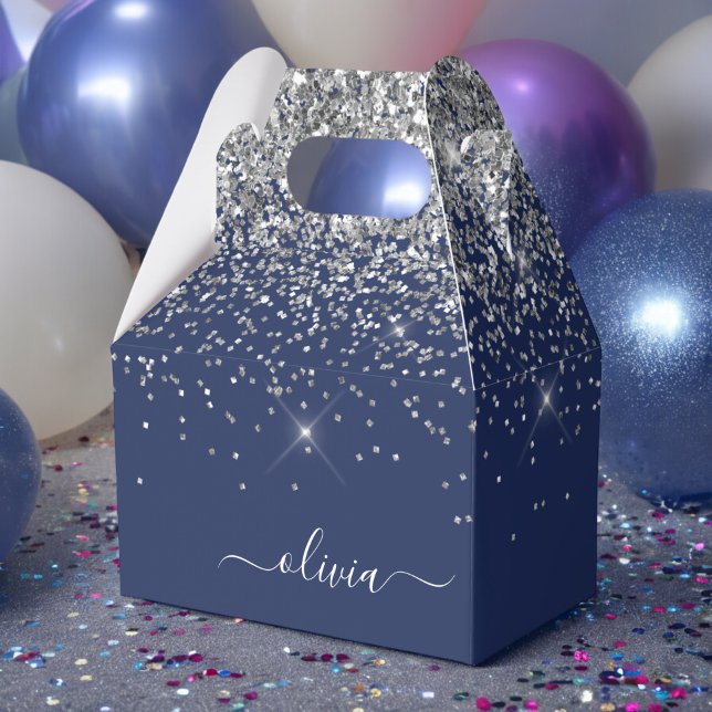 Caja Para Regalos Purpurina azul de la Marina Plata Monograma Girly (Subido por el creador)