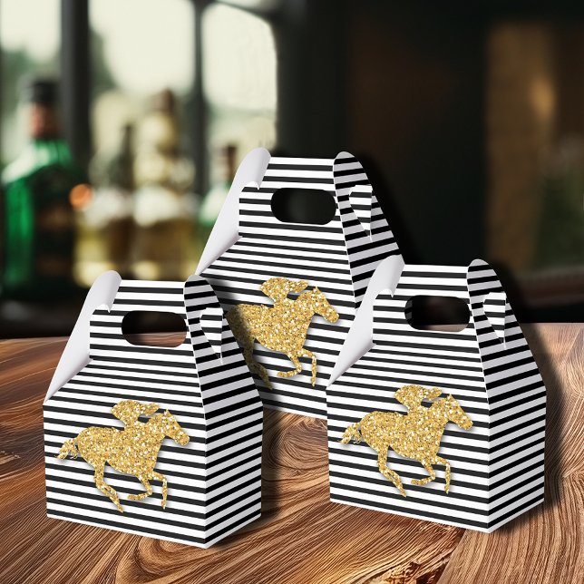 Caja Para Regalos Purpurina Dorada Falsa Caballo De Carreras Rayas B (Gold racehorse Derby party favor boxes are 4"w x 2.5"l x 5"h,  simple assembly required)