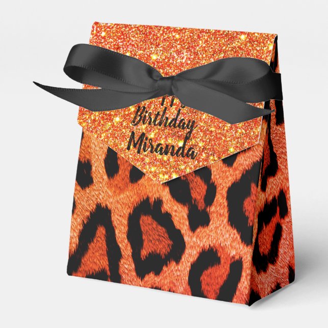 Caja Para Regalos Purpurina Glam Naranja Leopard Personalizado (Front Side)