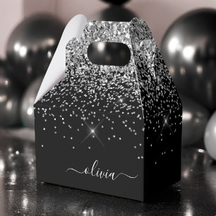 Caja Para Regalos Purpurina negro plateado Script Monograma Nombre d