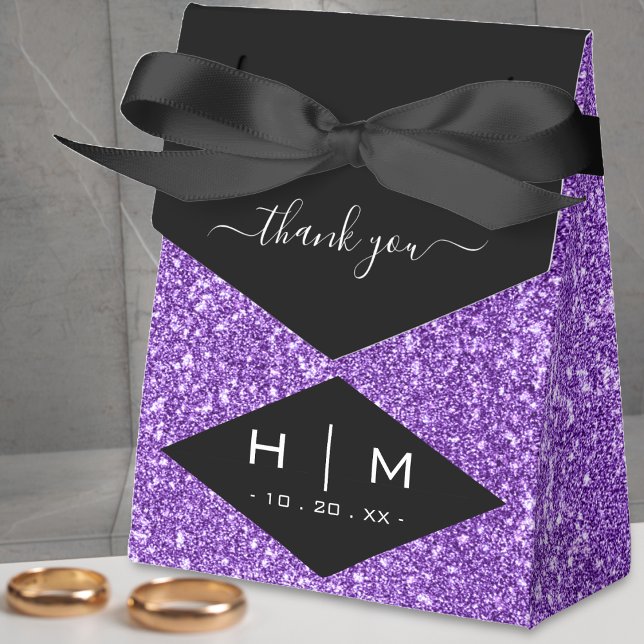 Caja Para Regalos Purpurina negro y púrpura Moda linda Gracias Boda (black and purple glitter thank you monogram favor box)