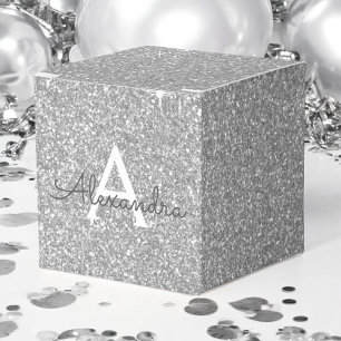 Caja Para Regalos Purpurina plateado de lujo y monograma espumoso