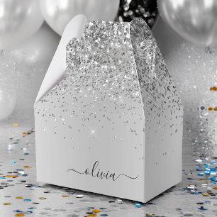 Caja Para Regalos Purpurina plateado Glam Monograma Metalizado Nombr