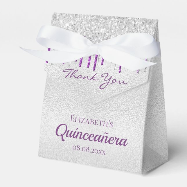 Caja Para Regalos Purpurina púrpura Quinceanera goteo gracias (Front Side)