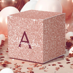 Caja Para Regalos Purpurina rosa rosa dorado borgoña y monograma esp