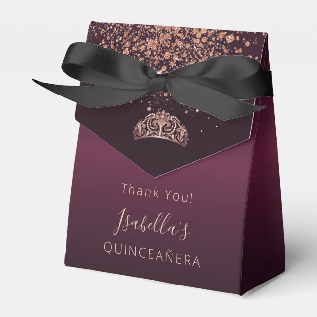 Caja Para Regalos Quinceañera burgundy rosa gold tiara gracias (Front Side)