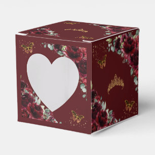 Caja Para Regalos Quinceanera de oro floral de Borgoña 15 16 XV Mini