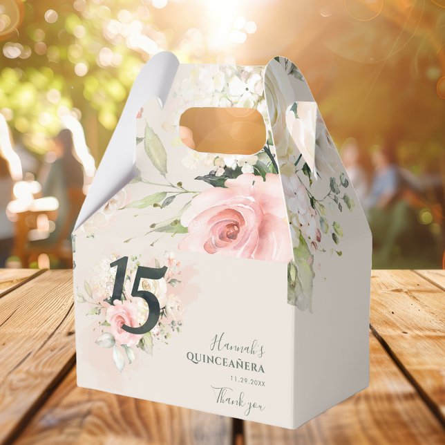 Caja Para Regalos Quinceanera floral rosa Verdor 15 cumpleaños (Pink Floral 15th Birthday Party Favor Box)