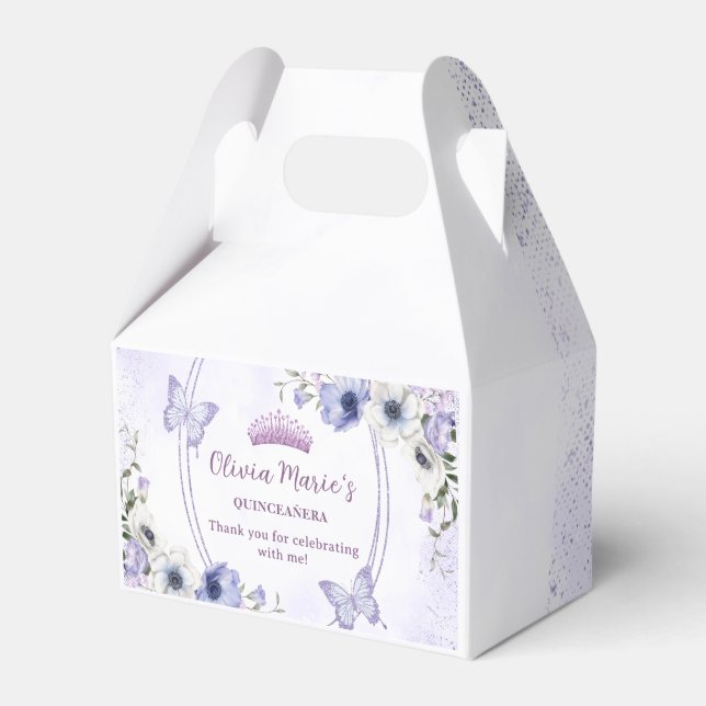Caja Para Regalos Quinceañera Purple Lilac Floral Tiara Butterflies (Front Side)