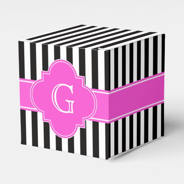 Caja Para Regalos Rayas blancas negras, monograma de quatrefoil rosa (Costado Anverso)