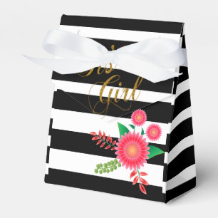 Caja Para Regalos Rayas blancos y negros elegantes con floral rosado