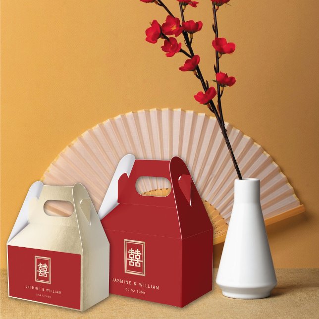 Caja Para Regalos Rectángulo dorado doble felicidad Boda chino (Gold/Red Classic Rectangle Double Happiness Chinese Wedding Party Favor Boxes @ fatfatin_red_knot)