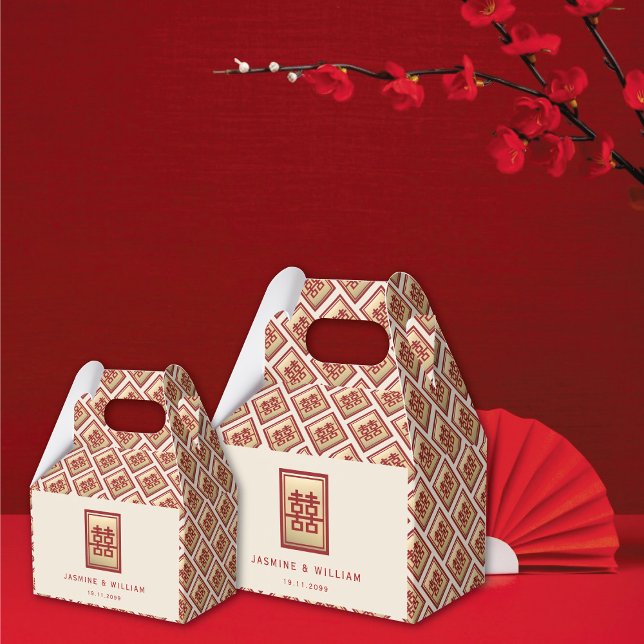 Caja Para Regalos Rectángulo dorado doble felicidad Boda chino Fa (Gold/Red Classic Rectangle 2 Double Happiness Chinese Wedding Party Favor Boxes @ fatfatin_red_knot)