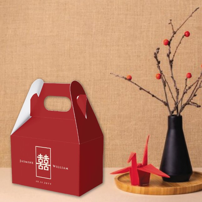 Caja Para Regalos Rectángulo simple doble felicidad Boda chino (Ivory/Red Simple Rectangle Double Happiness Chinese Wedding Party Favor Boxes @ fatfatin_red_knot)