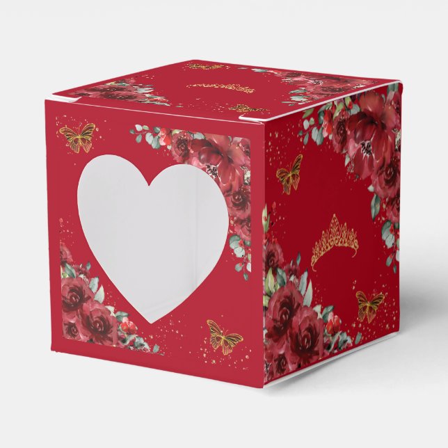 Caja Para Regalos Red Floral Gold Butterflies Quinceanera 15 XV Mini (Anverso)