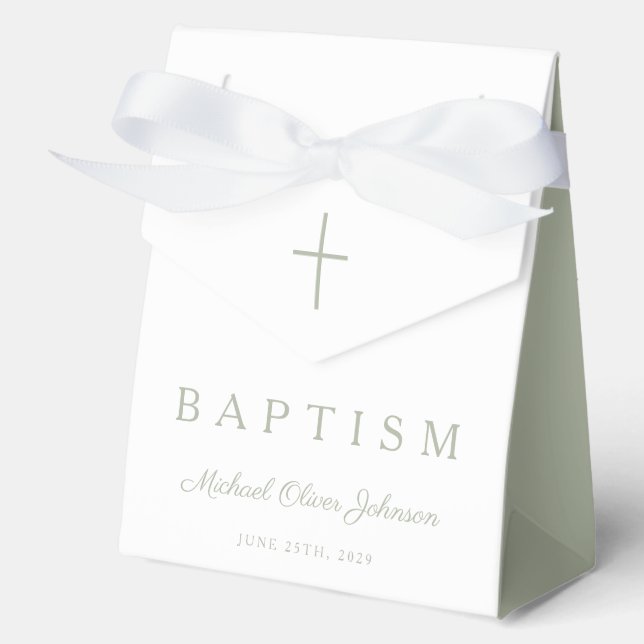 Caja Para Regalos Religious Cross Sage Green Script Boy Baptism  (Anverso)