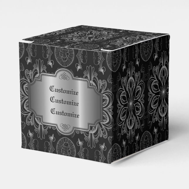 Caja Para Regalos Resumen Cubo Floral Negro Y Plata (Costado Anverso)