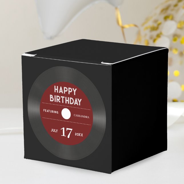 Caja Para Regalos Rétro Red Vinyl Record Negro Feliz Cumpleaños Fies (Retro Red Vinyl Record Black Happy Birthday Party Favor Box)