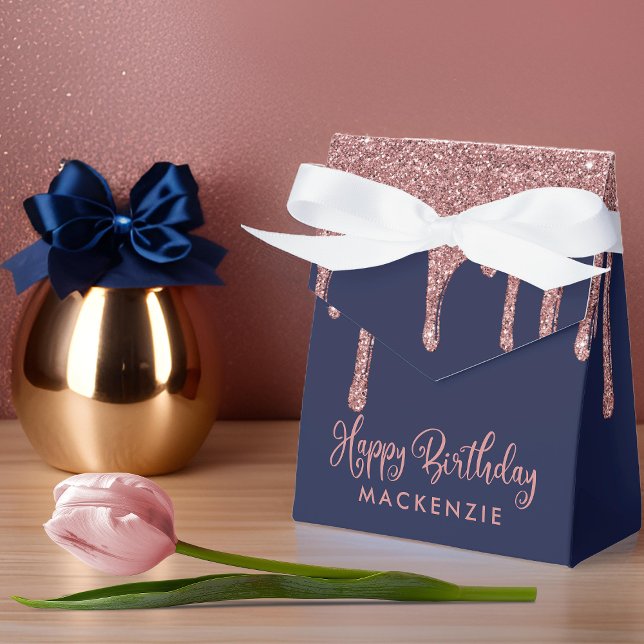 Caja Para Regalos Rosa azul de la marina Perforaciones de Purpurina  (Navy Blue Rose Gold Sparkle Glitter Drips Birthday Favor Boxes)