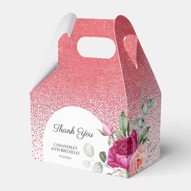 Caja Para Regalos Rosa de moda Purpurina Rojo Floral Cumpleaños (Reverso)