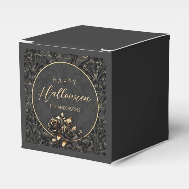 Caja Para Regalos Rosa de oro negro gótico damasco elegante Hallowee (Costado Anverso)