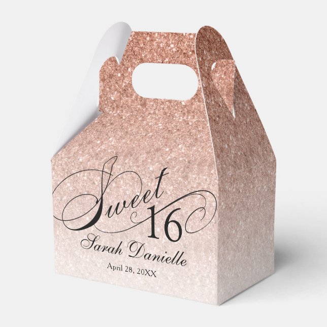Caja Para Regalos Rosa Gold Glam Purpurina Sweet 16 Personalizado (Front Side)