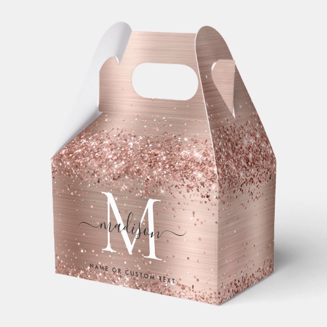 Caja Para Regalos Rosa Purpurina de oro con guión de monograma Metal (Front Side)