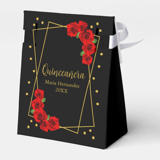 Caja Para Regalos Rosa Roja Negro y Quinceañera de oro (Reverso)
