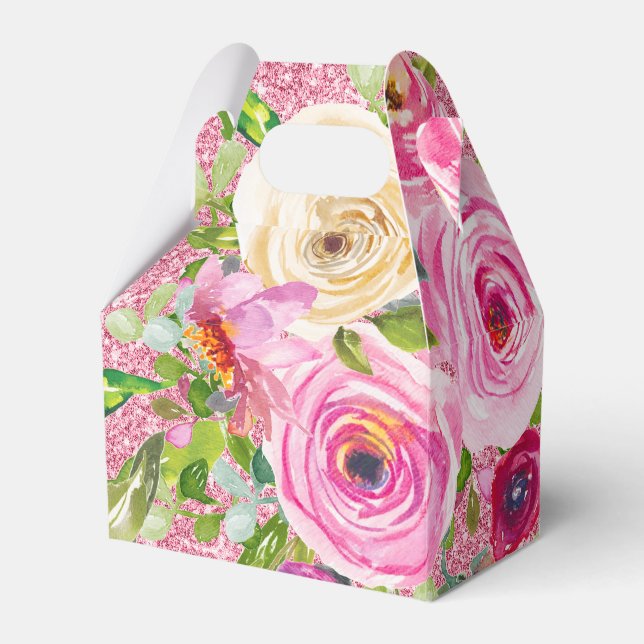 Caja Para Regalos Rosas acuarela en rosa y crema con brillo rosa (Front Side)
