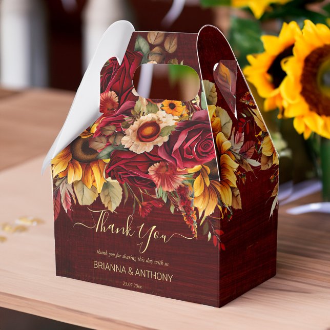 Caja Para Regalos Rosas burdeos de boda otoño girasoles gracias (Fall sunflower wedding favors burgundy roses sunflowers personalized thank you favor box)