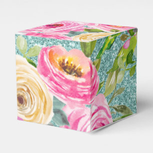 Caja Para Regalos Rosas de acuarela en Aqua Purpurina personalizado