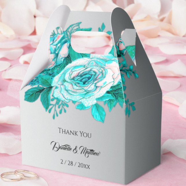 Caja Para Regalos Rosas del Boda Aqua Botanical Silver (Subido por el creador)