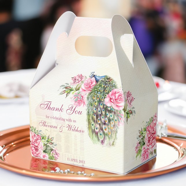 Caja Para Regalos Rosas rosadas antiguas de pavo real victorianas (Victorian peacock vintage pink roses favor box Indian wedding favors peacock favor box)