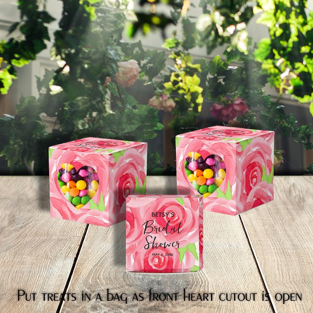 Caja Para Regalos Rosas Rosadas en Acuarela 2" Fiesta (2" square favor boxes have a heart cut out in the front. Put treats in a bag as heart is open.)