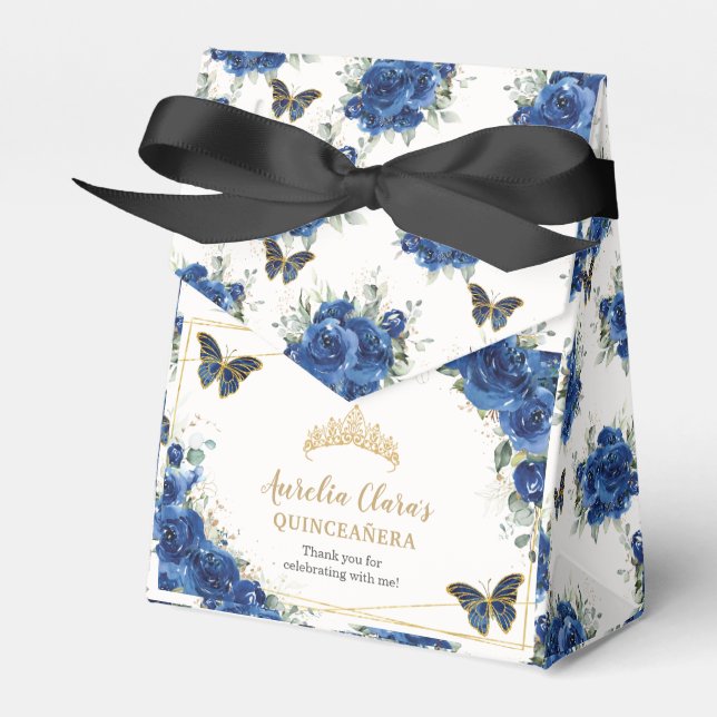 Caja Para Regalos Royal Blue Floral Gold Quinceañera 16 Mariposas (Front Side)