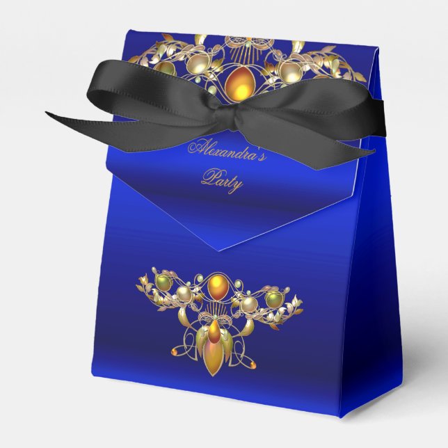 Caja Para Regalos Royal Blue Jeweld Black Gold Party FavBox (Front Side)