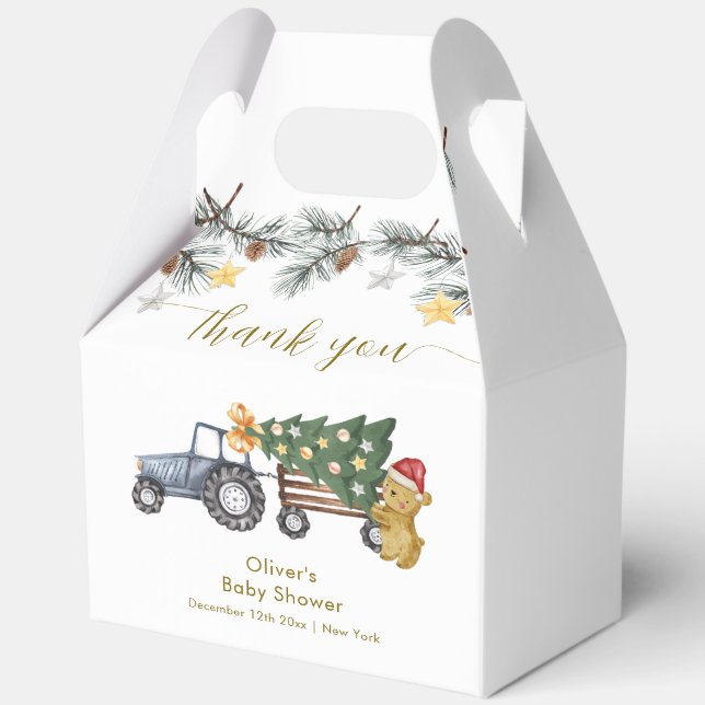 Caja Para Regalos Rustic Winter X'mas Tree Tractor Bear Baby Shower  (Anverso)