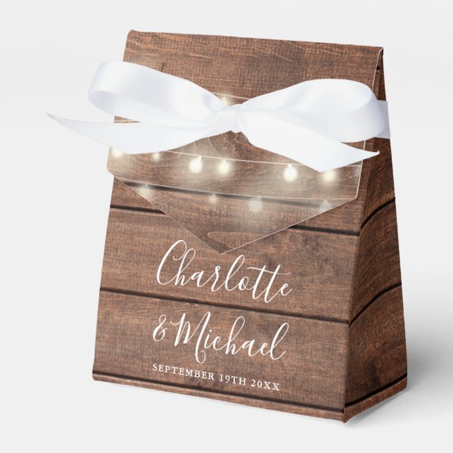 Caja Para Regalos Rustic Wood String Lights Signature Script Boda (Front Side)