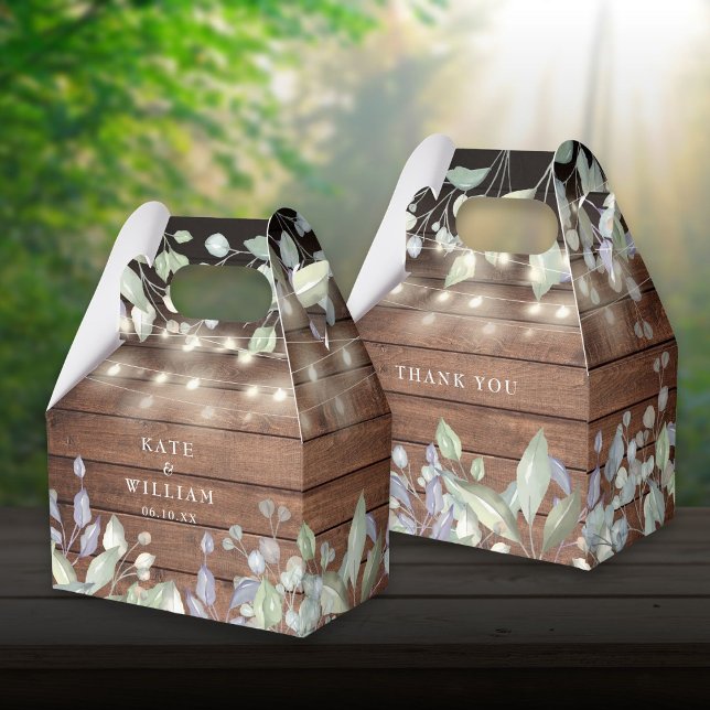 Caja Para Regalos Rustic Wood String Luces Foliage Boda (Rustic Wood String Lights Foliage Wedding Favor Box)