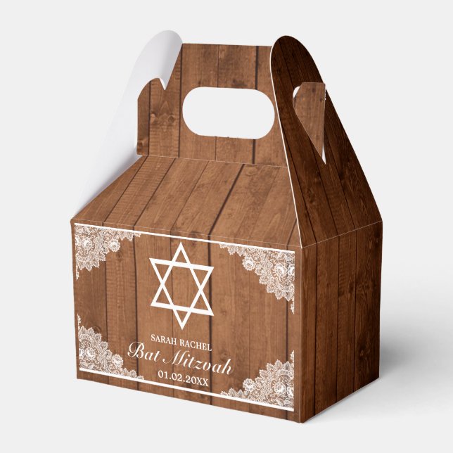 Caja Para Regalos Rustic Wood & White Lace Bar Bat Mitzvah (Front Side)
