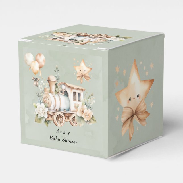 Caja Para Regalos Sage Green Floral Train Boy Baby Shower (Costado Anverso)