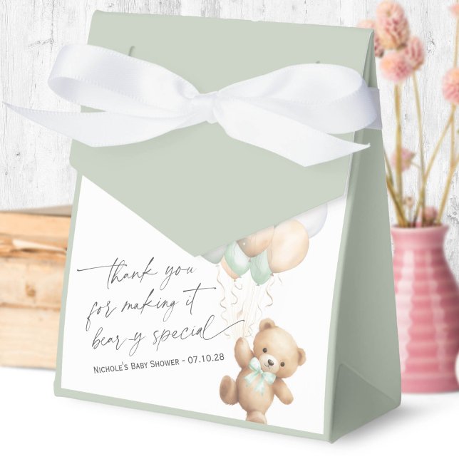 Caja Para Regalos Sage Green Modern Bearly Wait Género Neutral (We Can Bearly Wait, Sage Green Baby Boy Shower Favor Box.)