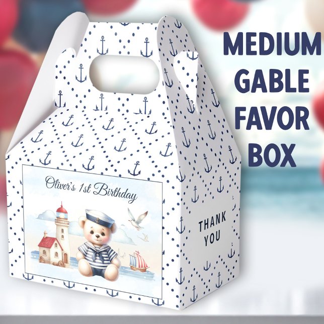 Caja Para Regalos Sailor Náutico Primer Cumpleaños Medio Gable (Sailor Bear Medium Gable Favor Boxes -  You can choose from 3 sizes of these gable favor boxes)