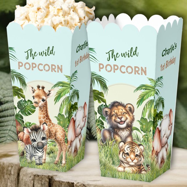 Caja Para Regalos Salvajes animales de la selva de Safari (Safari Jungle Animals Wild 1st Birthday Popcorn Favor Boxes)