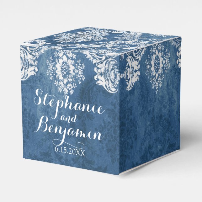 Caja Para Regalos Sapphire Blue Rustic Damask Pattern Favor de la bo (Costado Anverso)