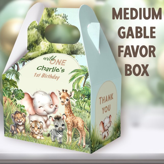 Caja Para Regalos Selva Safari Cute Wild Un primer cumpleaños medio (Wild One Safari Medium Gable Favor Boxes - You can choose from 3 sizes of these gable favor boxes)